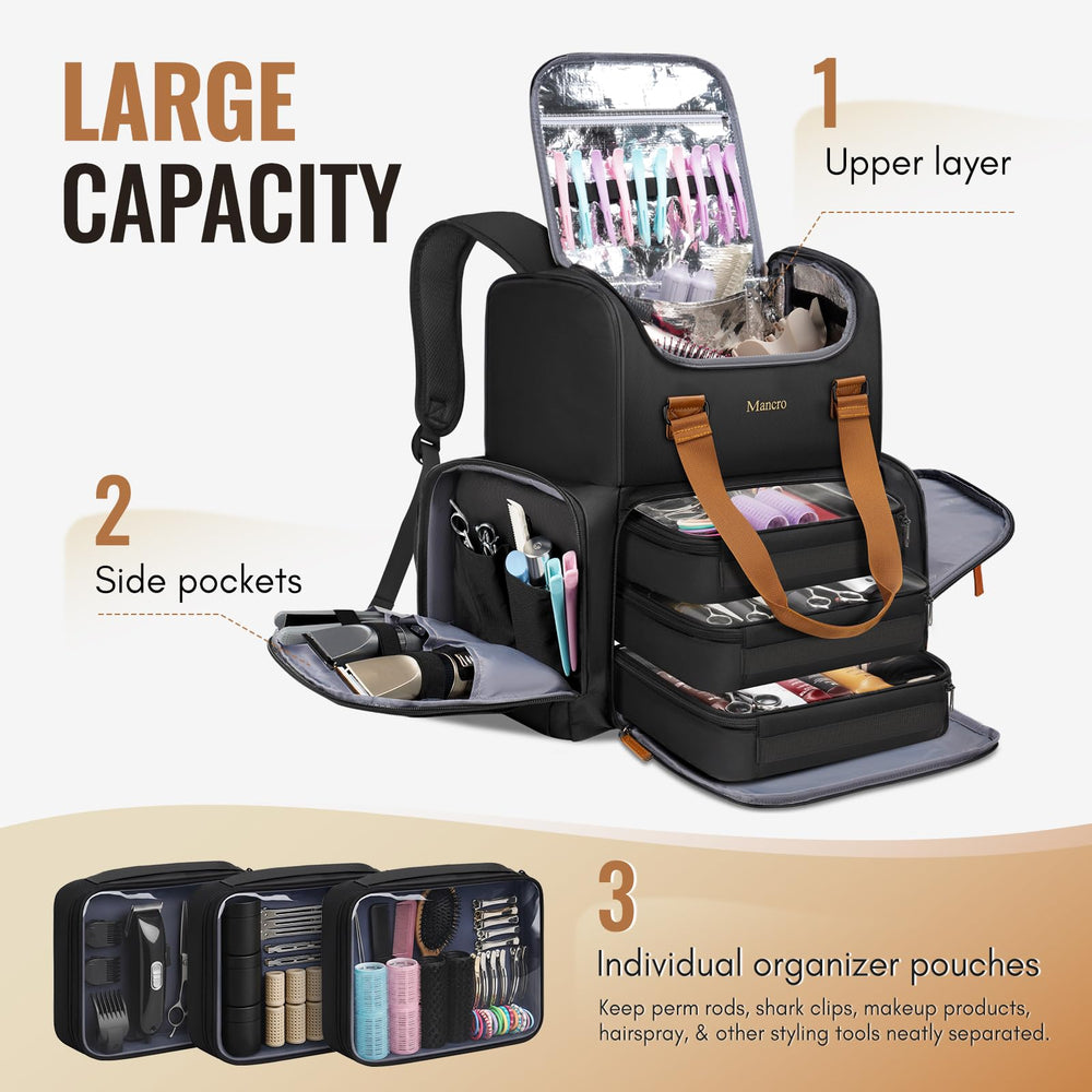 Mancro Hairstylist Travel Bag lower compartment stores pouches securely during travel