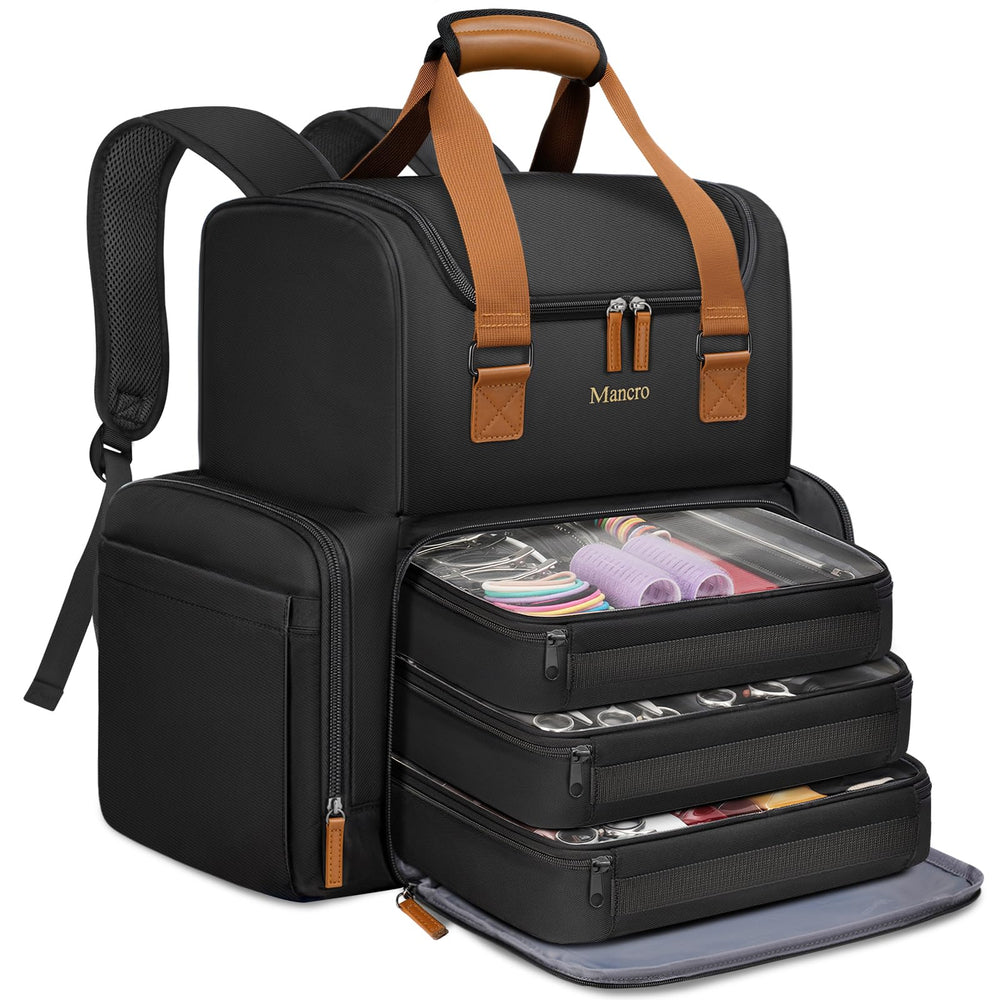 Mancro Hairstylist Travel Bag top compartment keeps hot tools organized for quick access