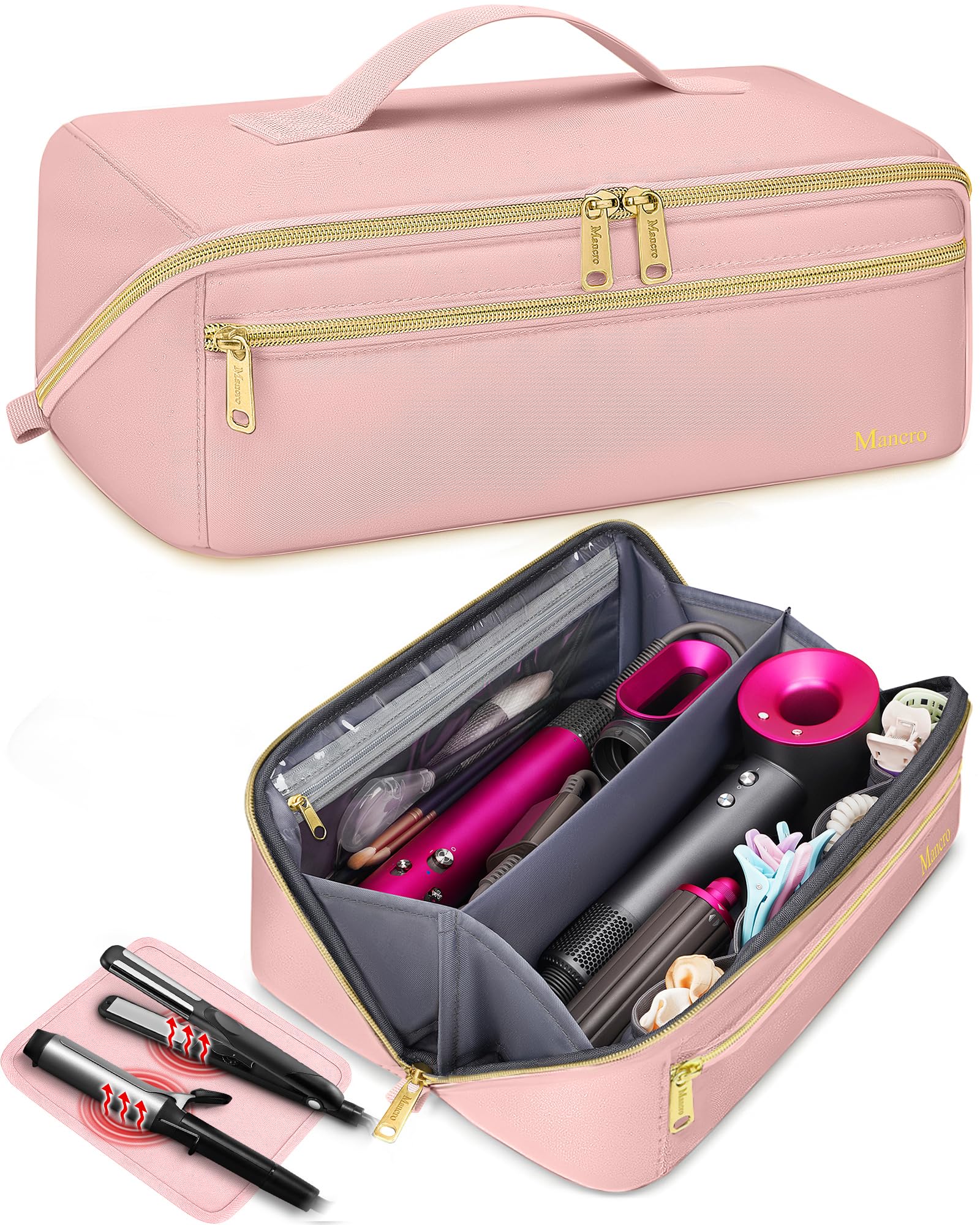 Mancro hot hair tools travel bag with heat-resistant mat keeps tools organized and protected during travel.