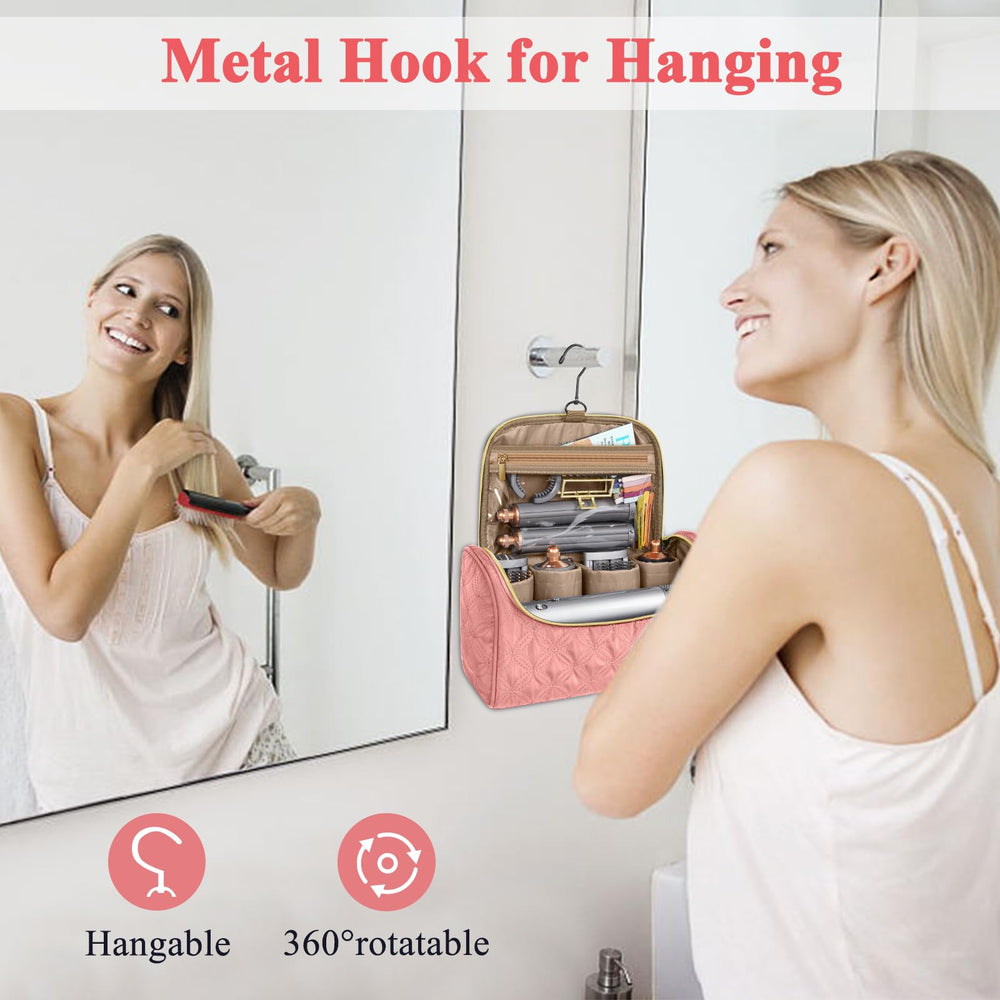 Mancro travel-friendly carrying case in pink exterior fits in luggage for trips