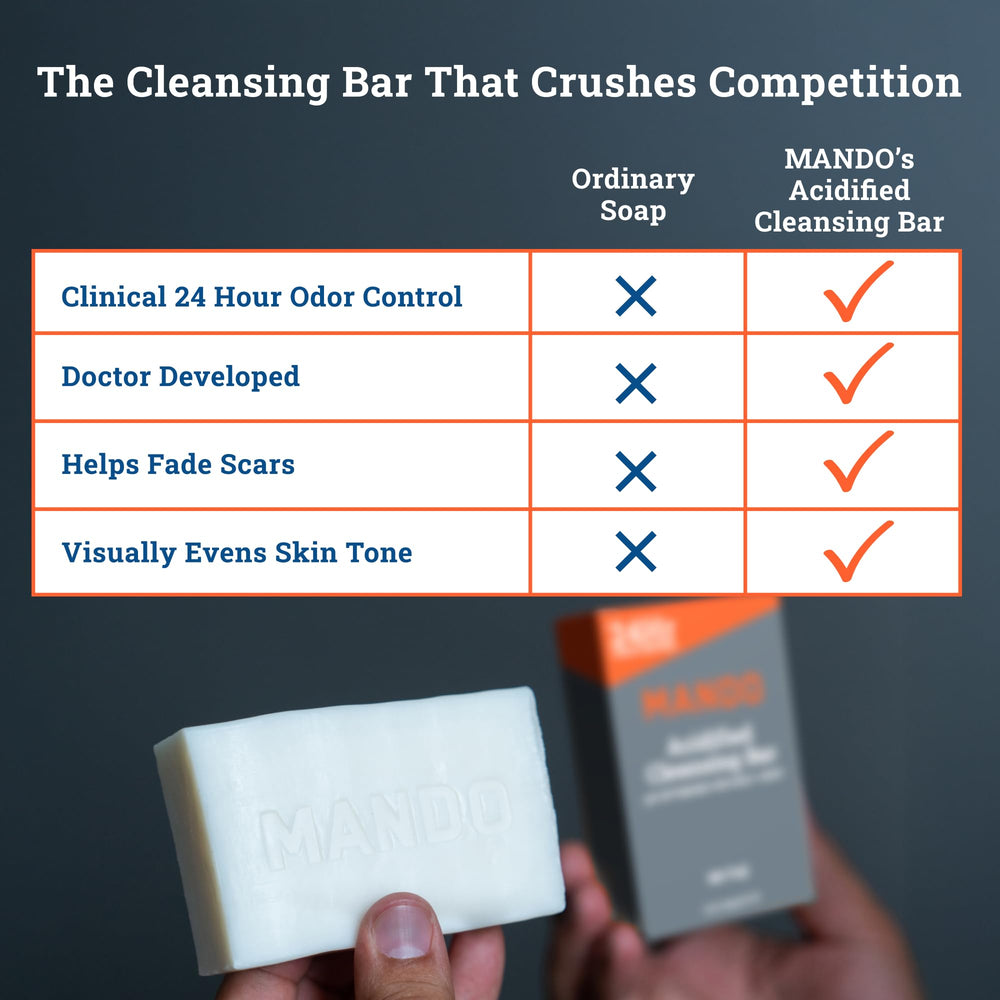 Mando acidified-bar-shower-routine showcases four-use versatility for body, hair, face, and deodorant.