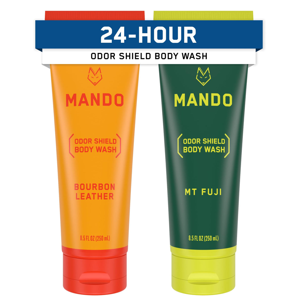 Mando Acidified Body Wash Bourbon Leather bottle shows lasting odor control.