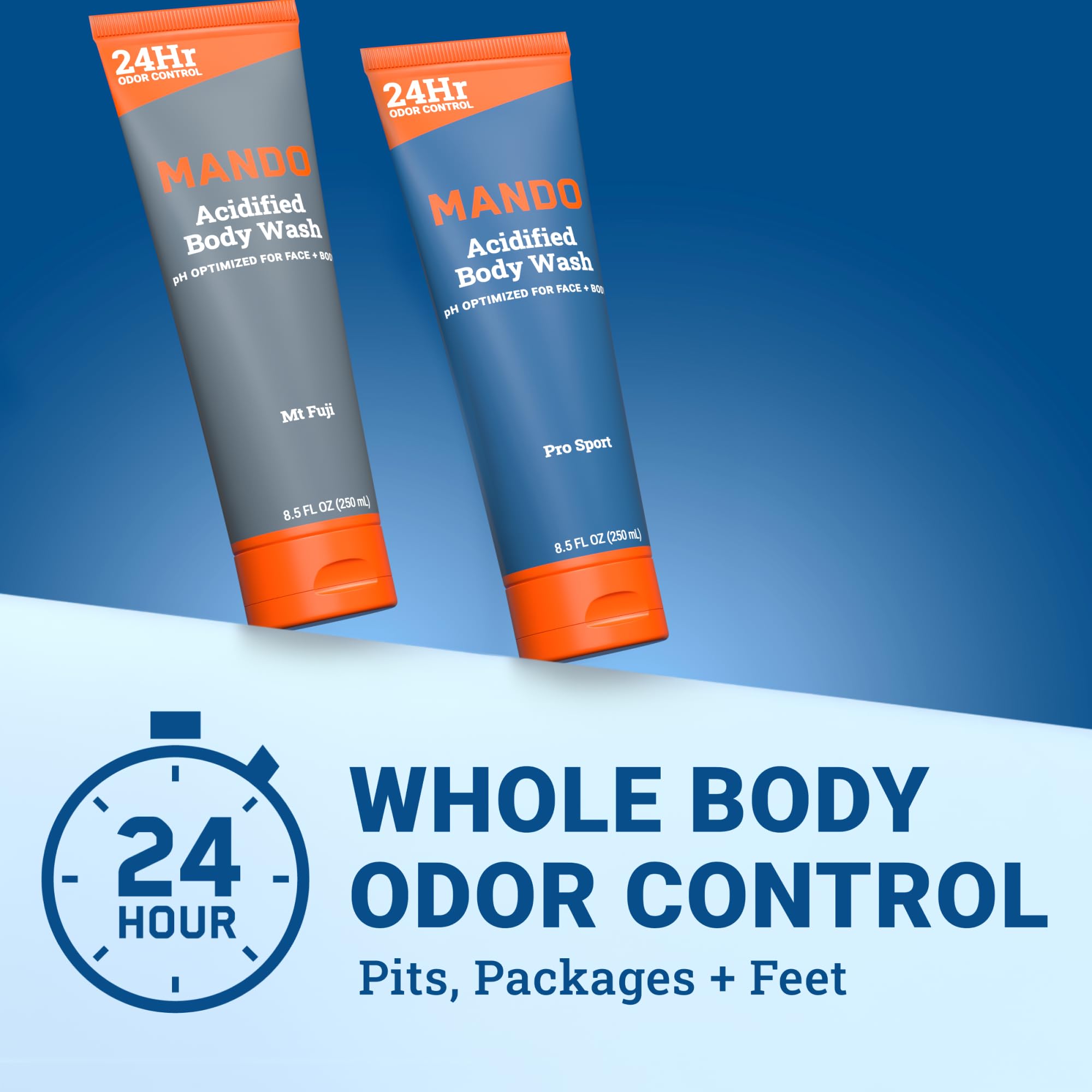 Mando Acidified Body Wash Pro Sport label highlights SLS-free formula