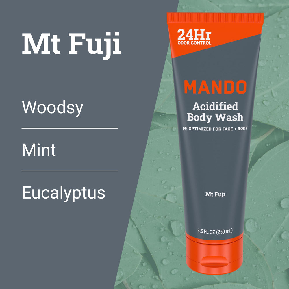 Mando Safe-for-skin formula icon on bottle indicating skin-friendly use.
