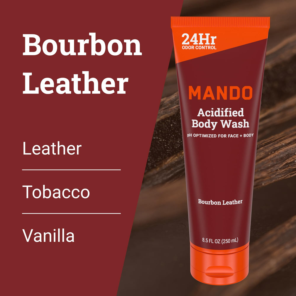 Mando SLS-free badge on Bourbon Leather bottle for gentle cleansing.