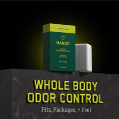 Mando Acidified Cleansing Bar packaging display highlights travel-friendly odor control.