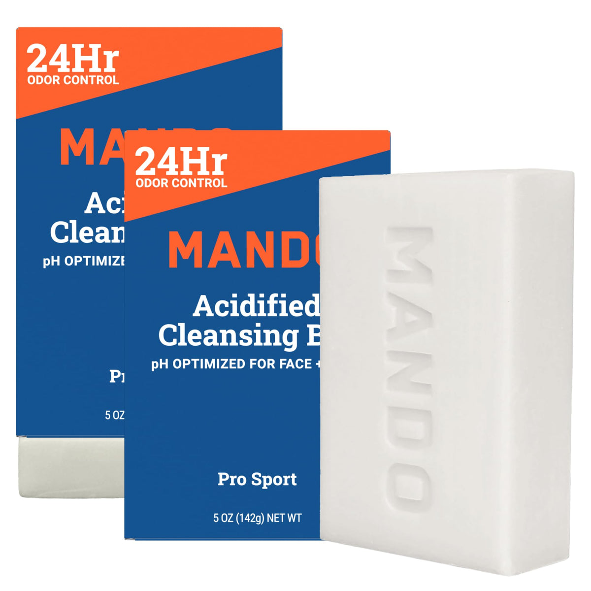 Mando Acidified Cleansing Bar packaging emphasizes odor control and skin-friendly formula.