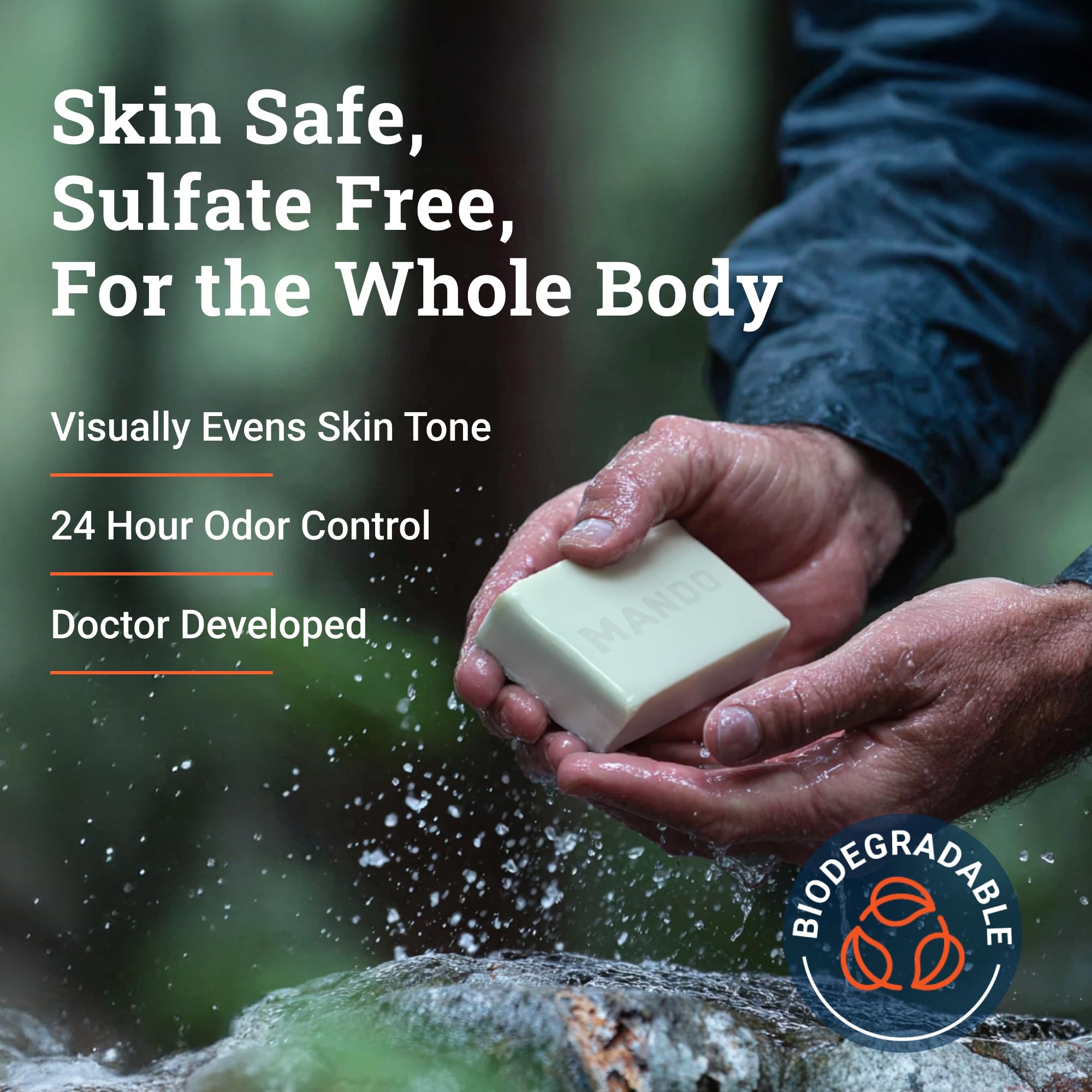 Mando Acidified Cleansing Bar SLS-free label signals skin-safe cleansing.