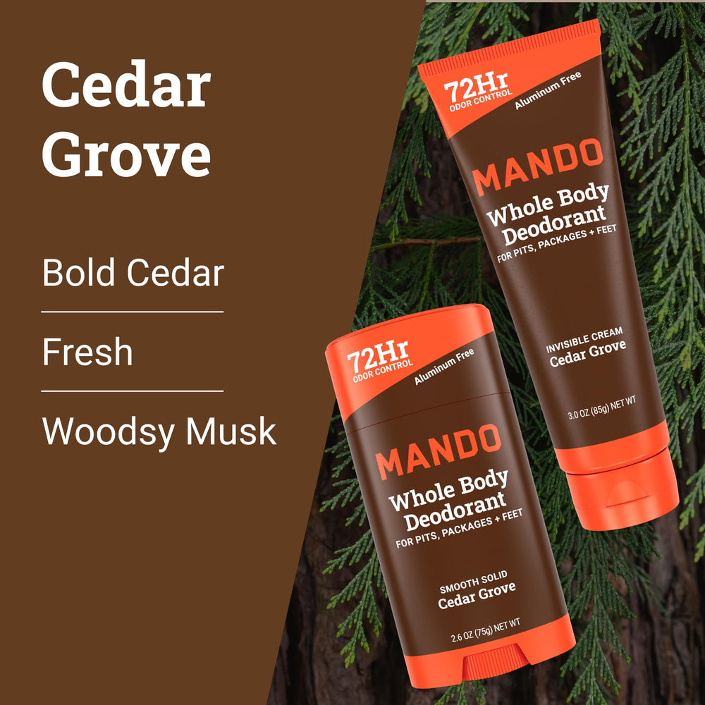 Mando aluminum-free, baking-soda-free formula highlighted for skin-safe use.
