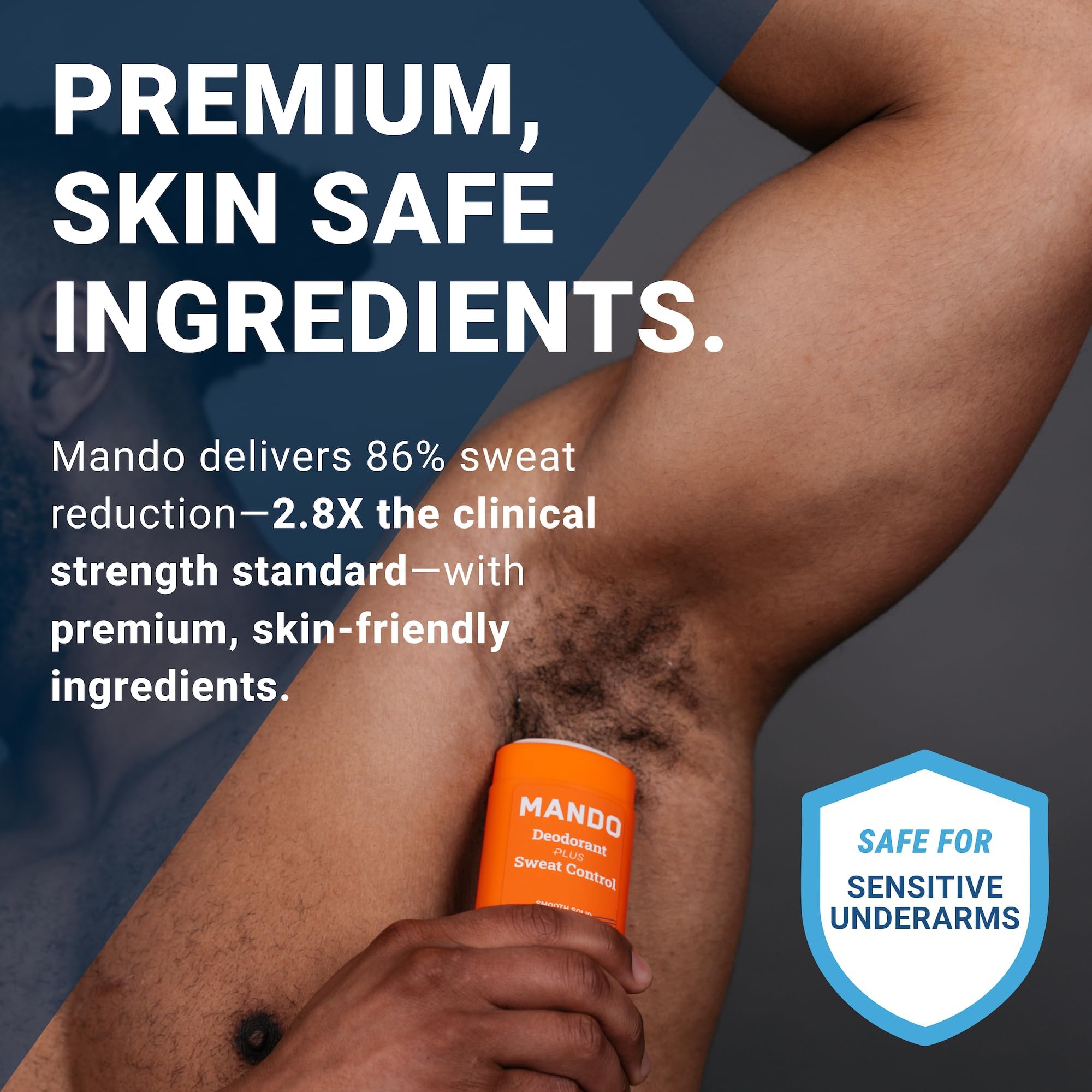 Mando Pro Sport application shot shows fast-drying, skin-friendly formula.