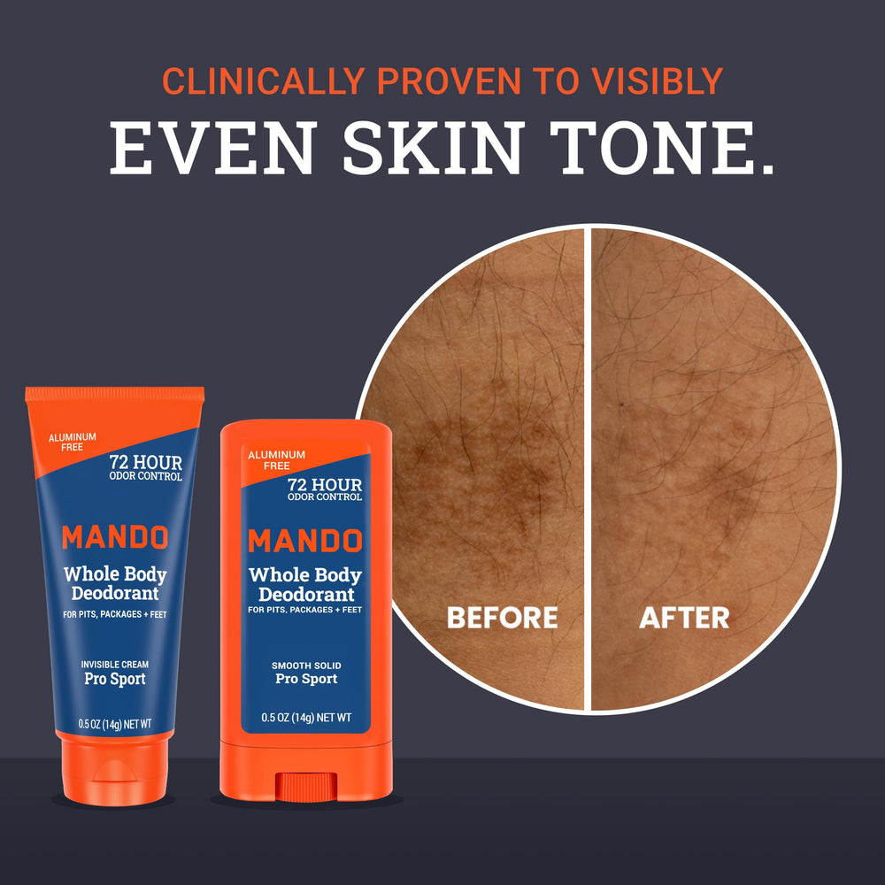 Mando baking soda-free hypoallergenic badge highlights gentle skin-safe formula