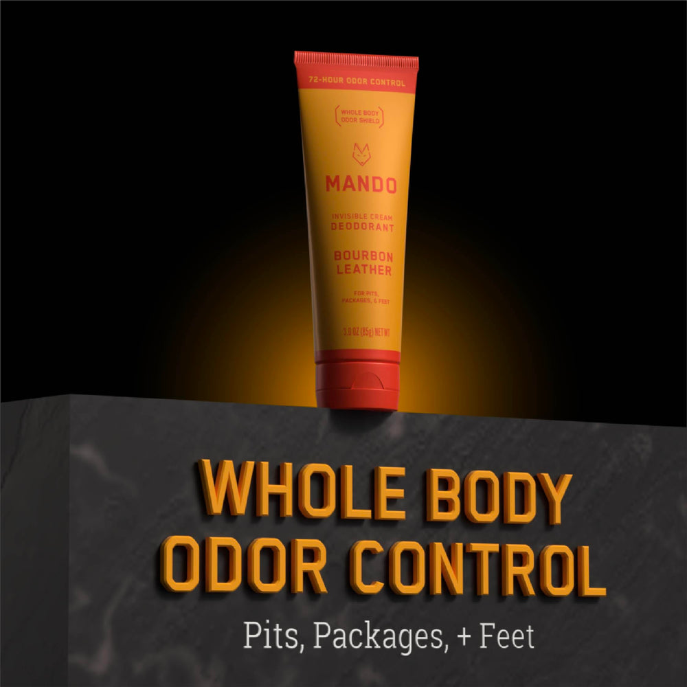Mando Bourbon Leather closeup label reinforces premium branding and odor-control claims.