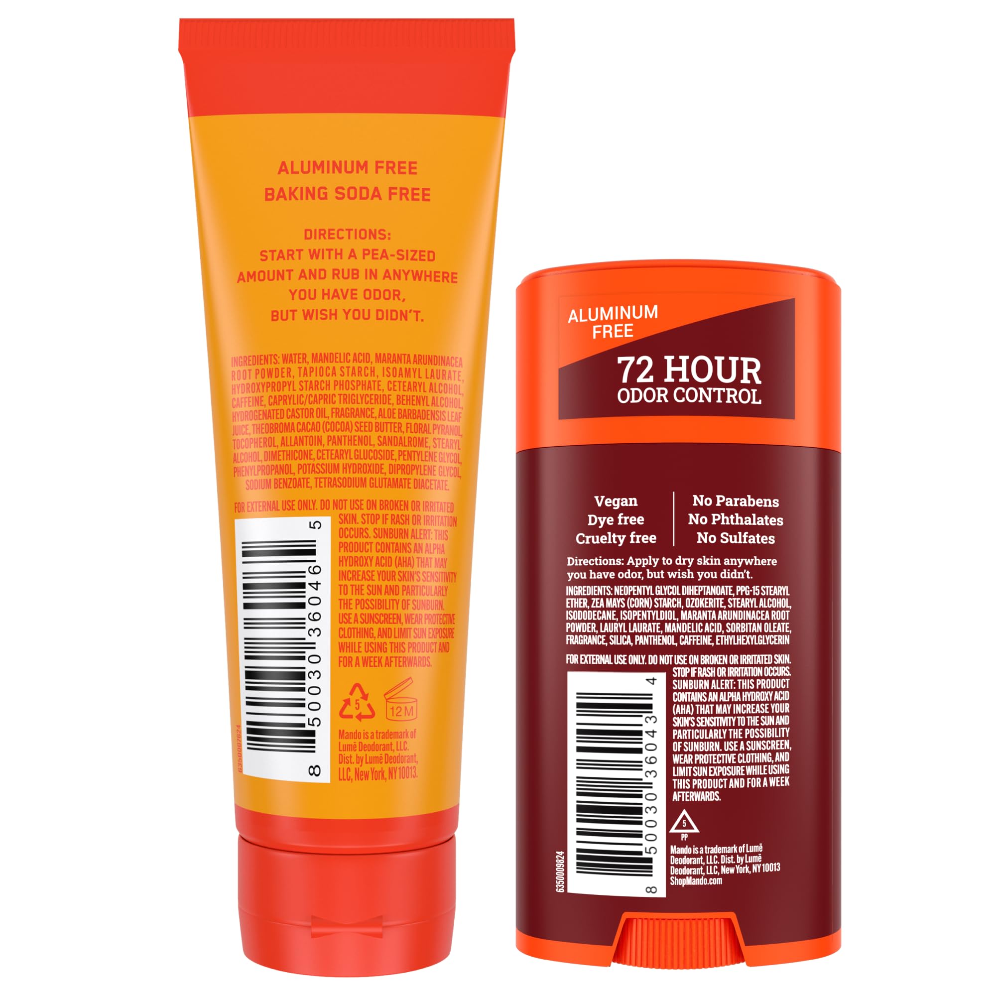 Mando Bourbon Leather ingredients chart highlights aluminum-free, baking-soda-free science-backed approach.