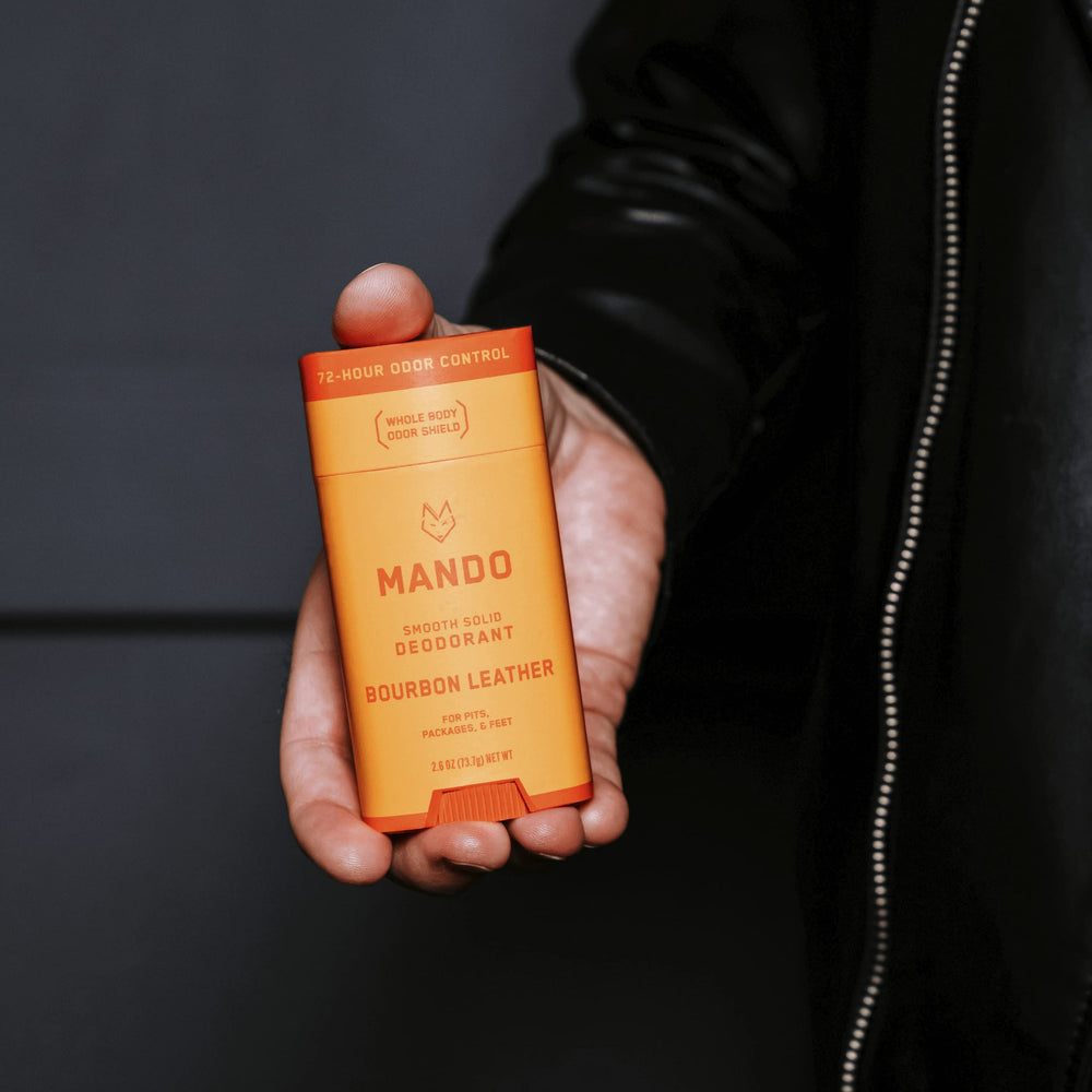 Mando Bourbon Leather deodorant label detail communicates hypoallergenic, doctor-developed formula.