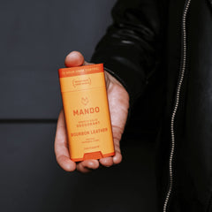 Mando Bourbon Leather deodorant label detail communicates hypoallergenic, doctor-developed formula.