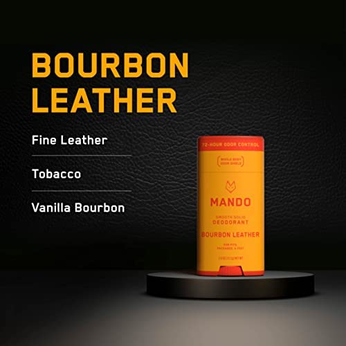 Mando Bourbon Leather solid stick application highlights baking-soda-free comfort and skin safety.