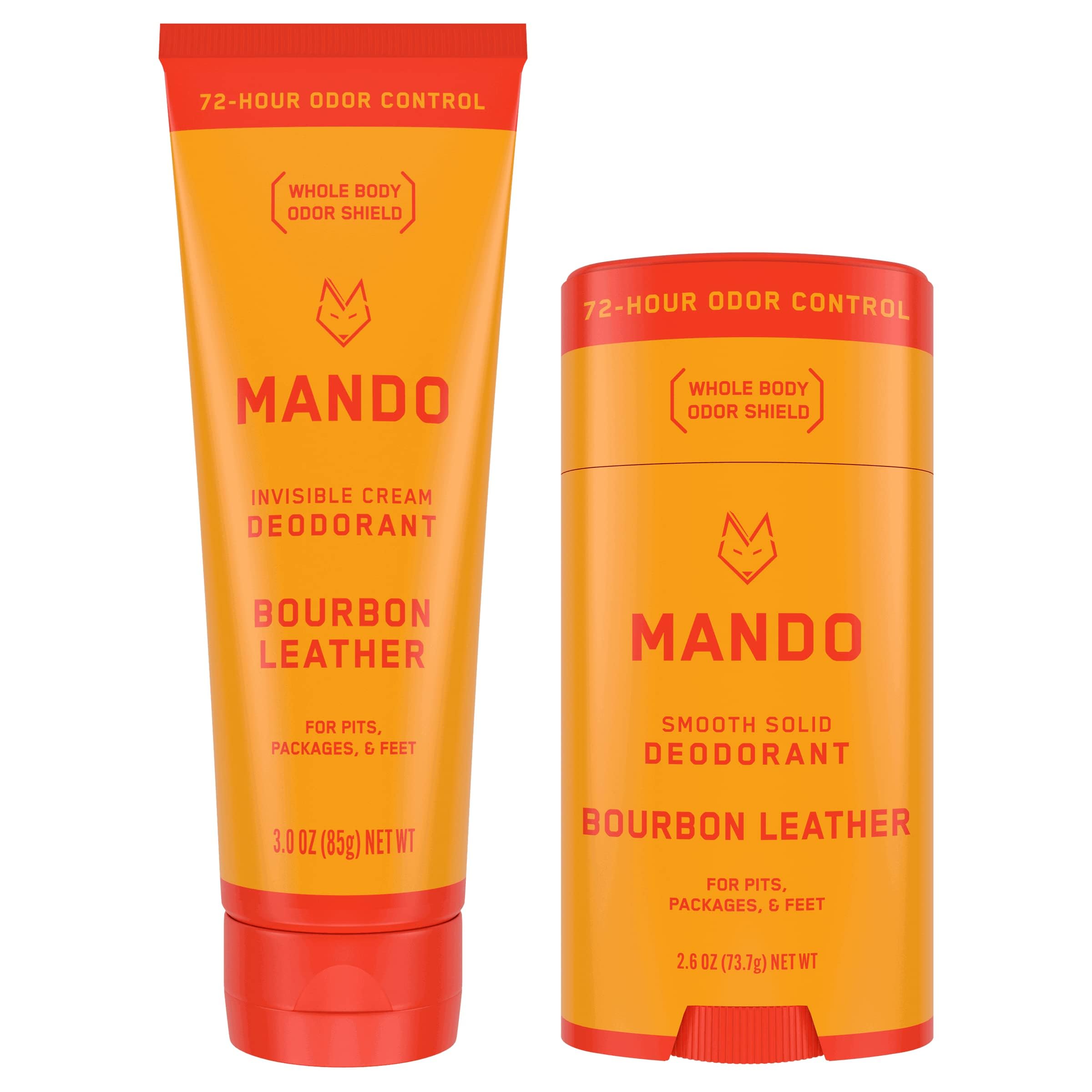 Mando Bourbon Leather deodorant bottle pour shows aluminum-free odor control all day.