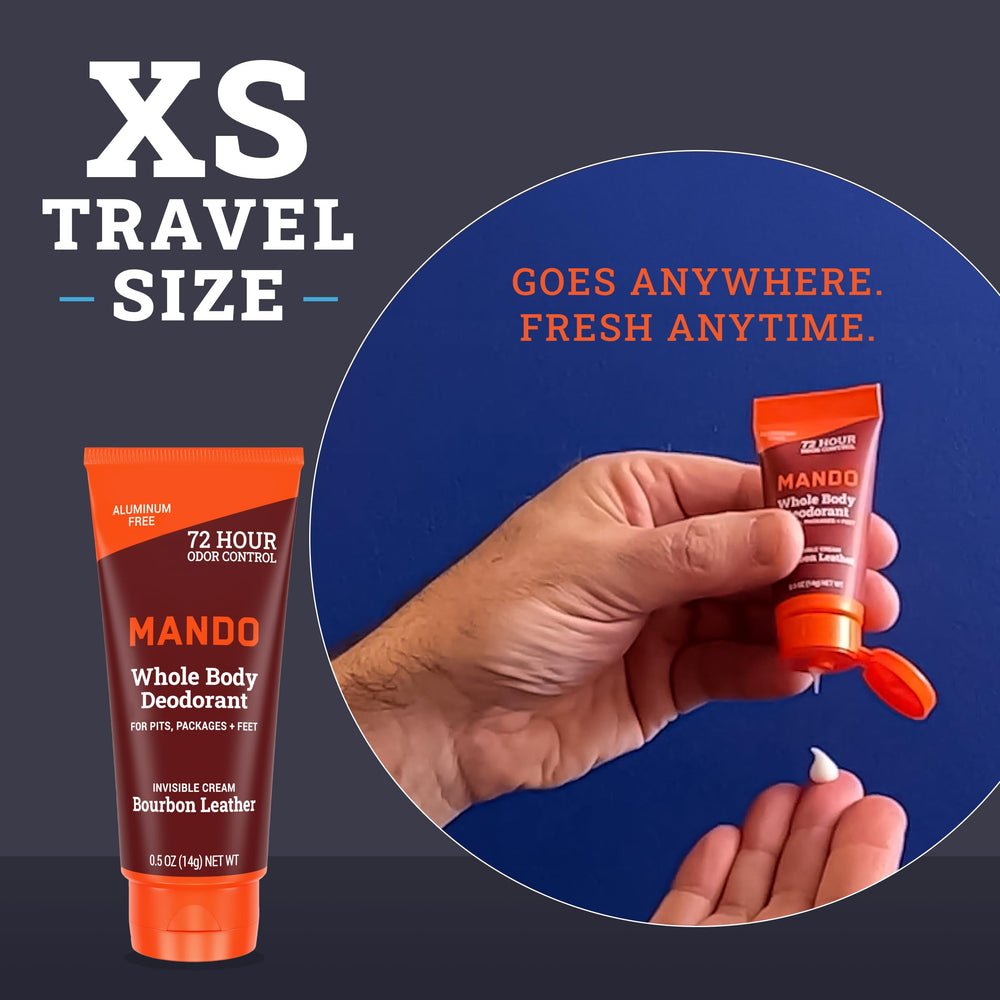 Mando bourbon leather mini cream tube close-up shows skin-safe formula.