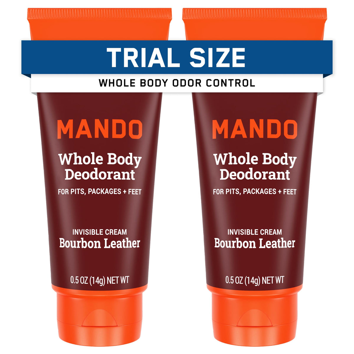 Mando bourbon leather packaging front highlights a travel-pack odor control solution.