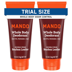 Mando bourbon leather packaging front highlights a travel-pack odor control solution.