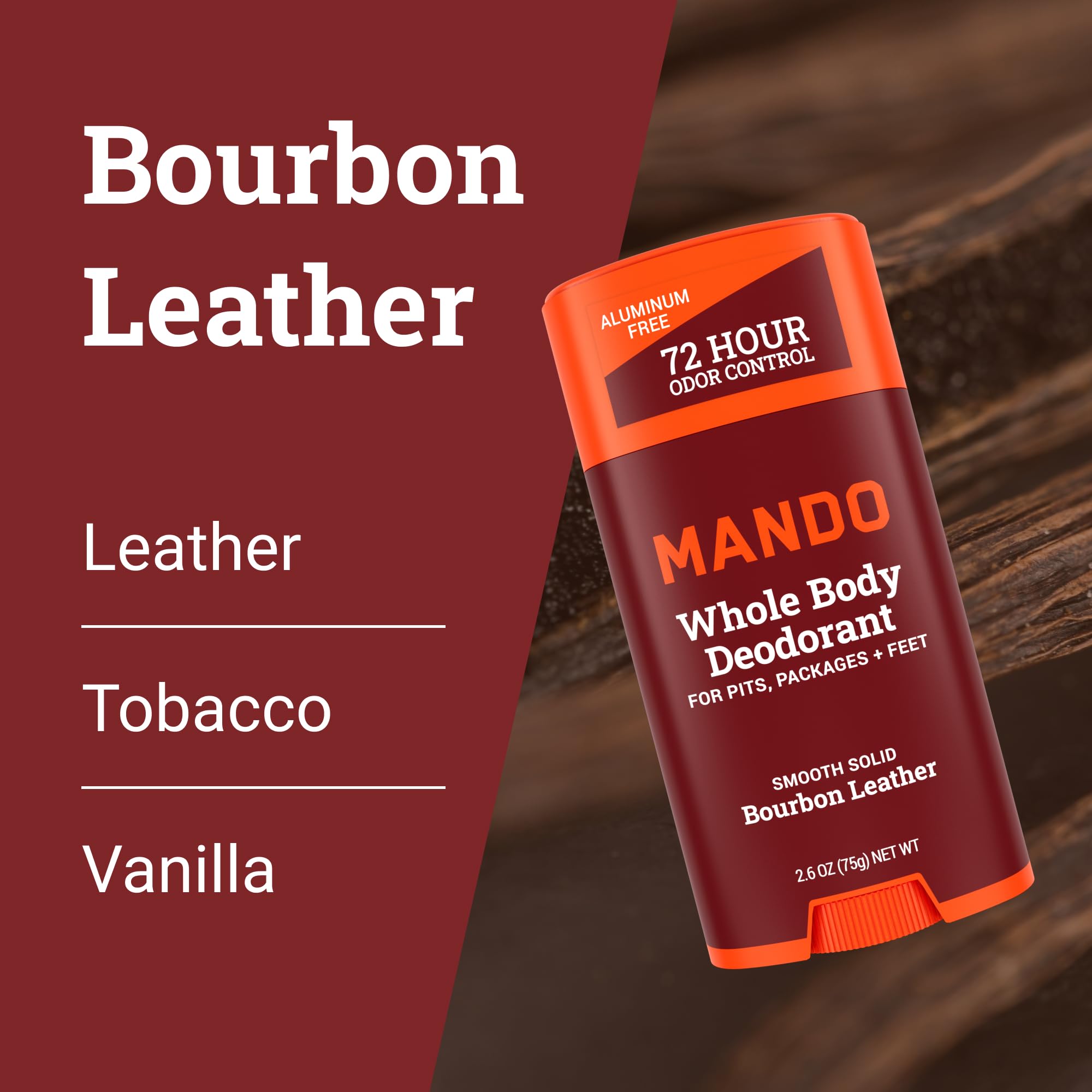 Mando Bourbon Leather scent closeup conveys warm, rugged aroma suitable for daily wear.