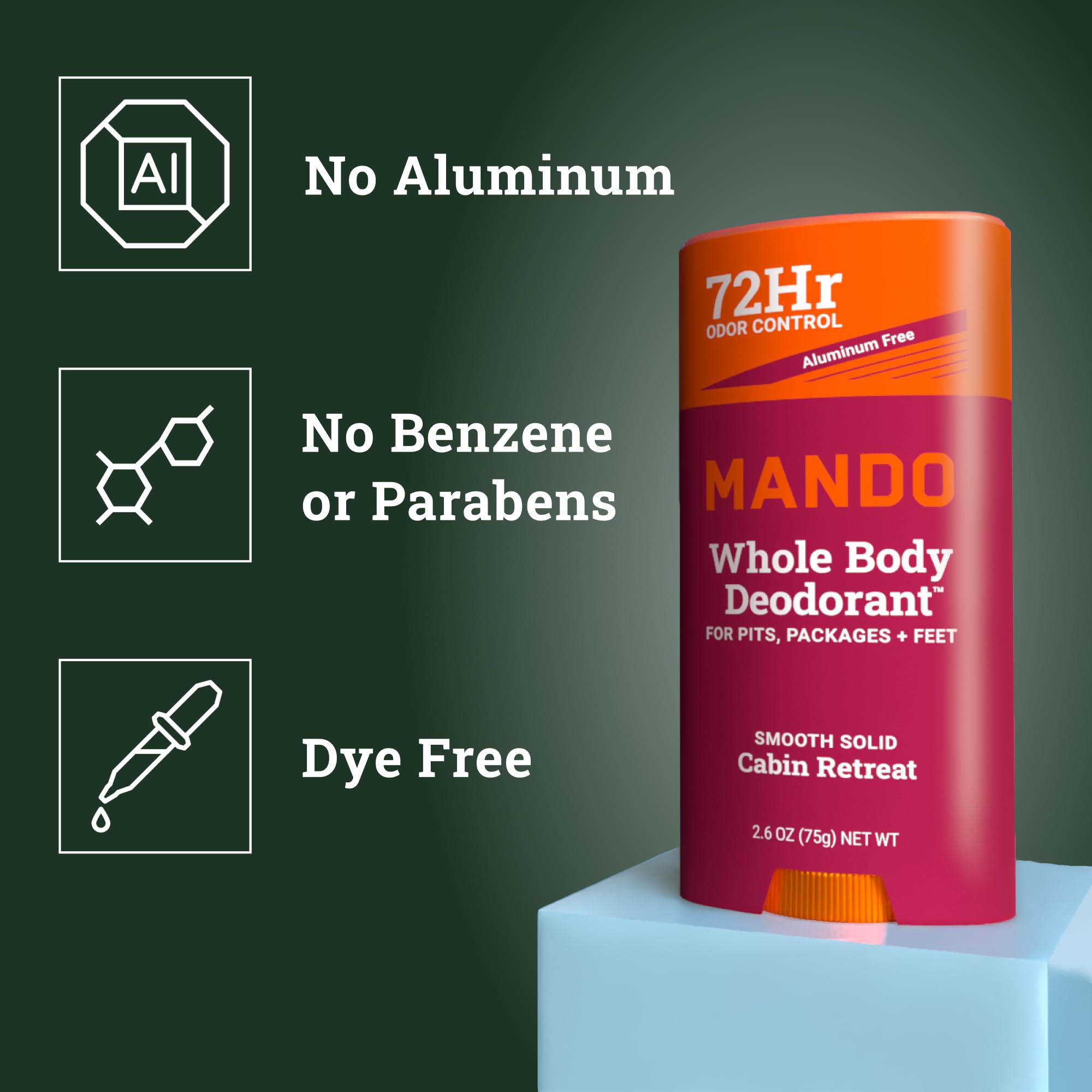 Mando Cabin Retreat deodorant pack-back view highlighting skin-safe formula.
