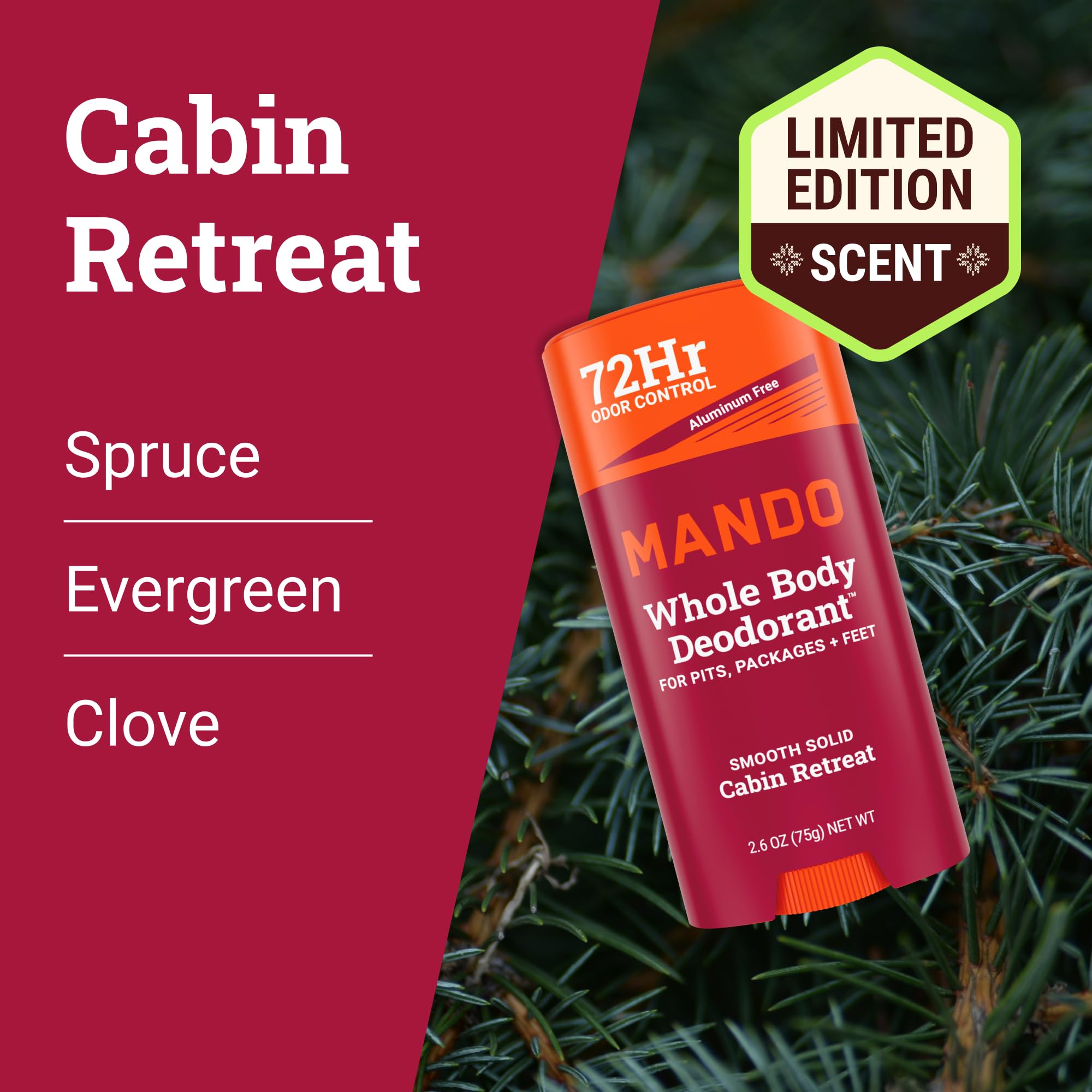 Mando Cabin Retreat deodorant stick side view with smooth glide.