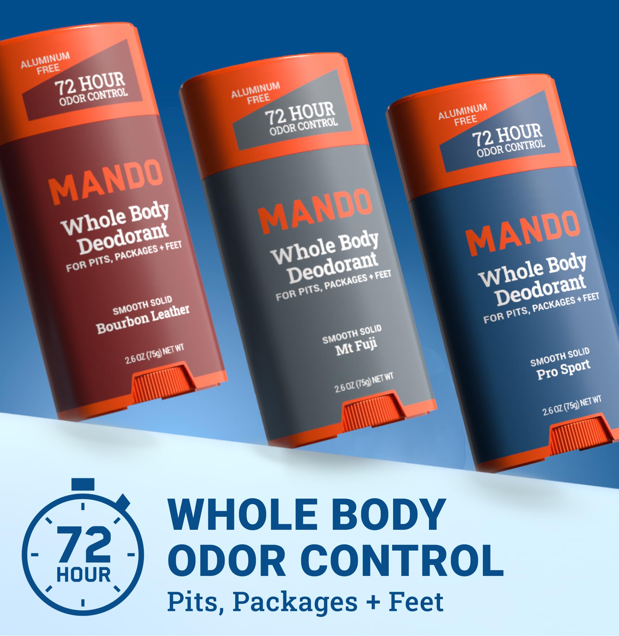 Mando deodorant application close-up showing smooth solid stick for quick use.