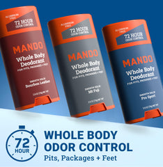 Mando deodorant application close-up showing smooth solid stick for quick use.