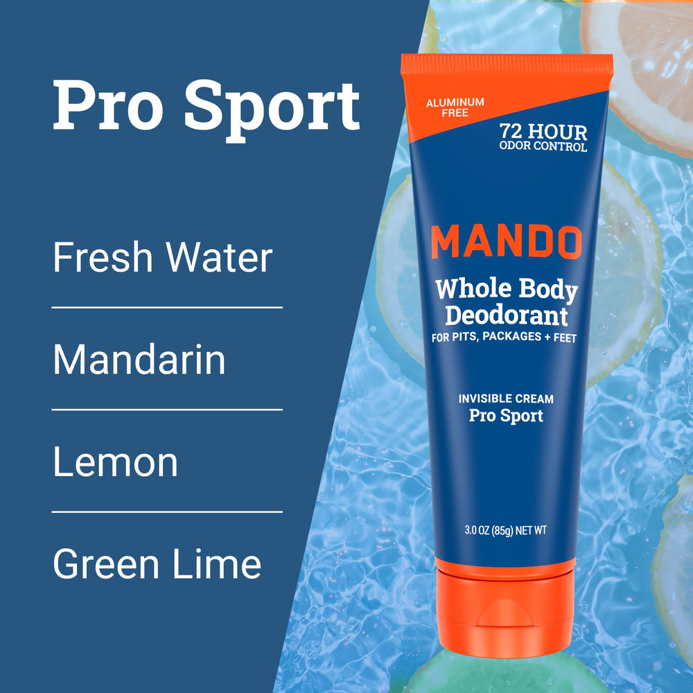 Mando hypoallergenic skin-safe badge on bottle supports sensitive-skin use.