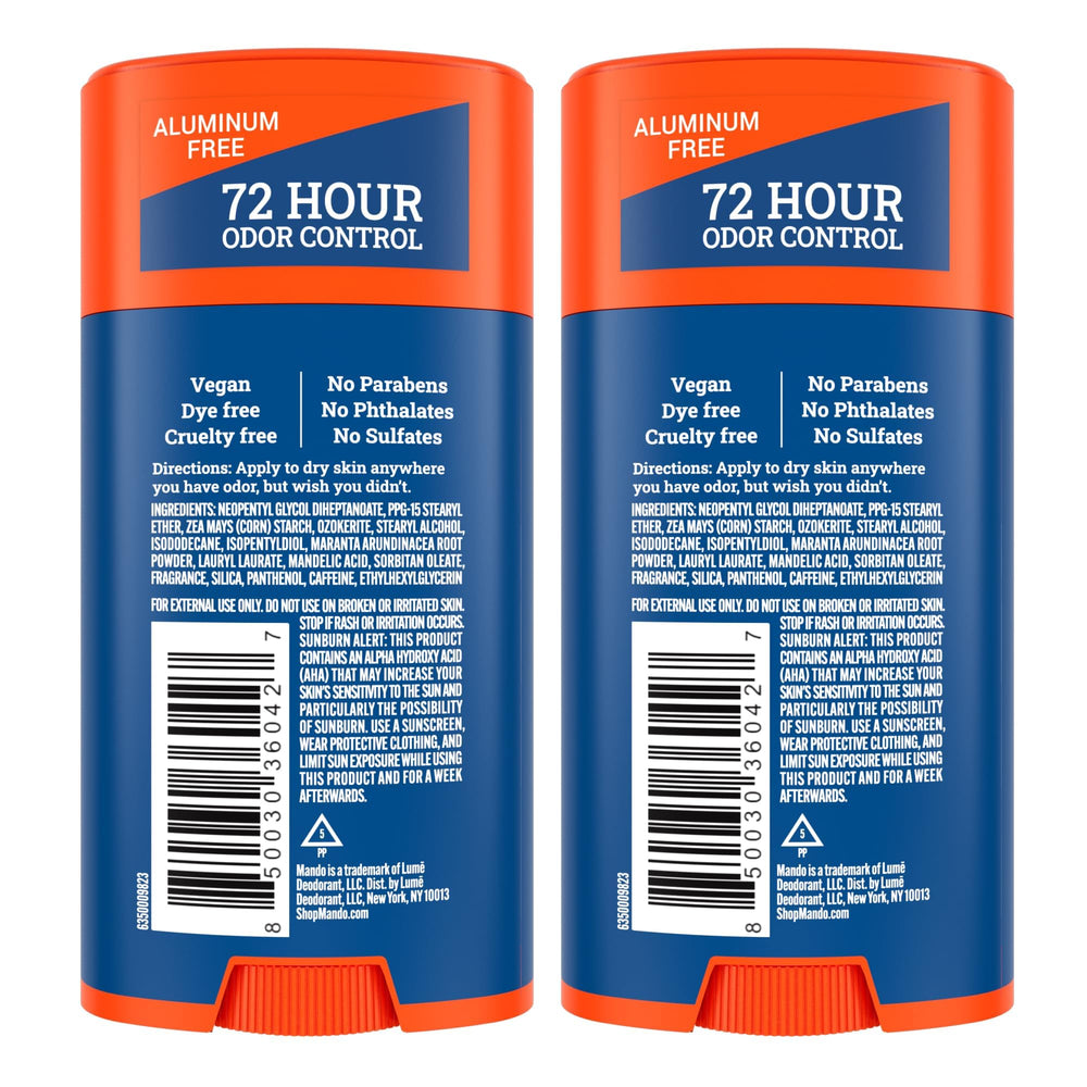 Mando ingredients badge highlights benzene-free, aluminum-free, dyes-free formula.