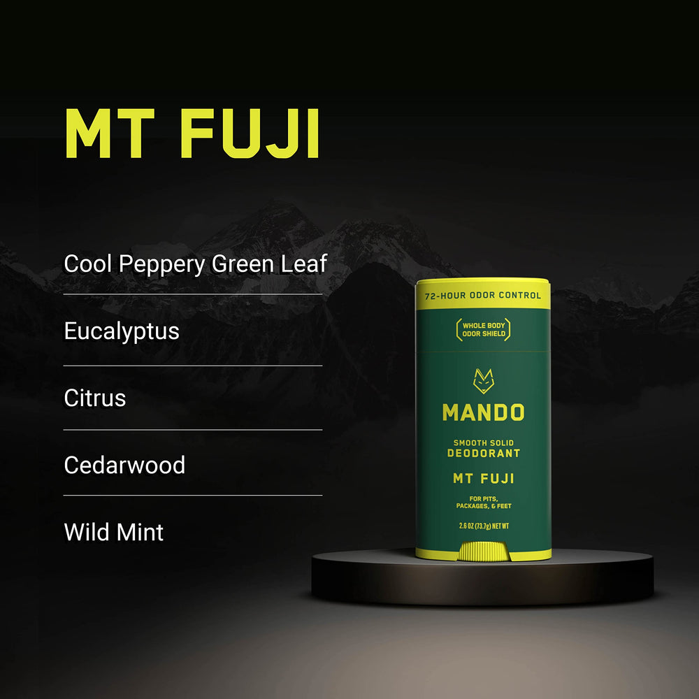 Mando Mt Fuji scent close-up highlighting cool green leaves and citrus notes.