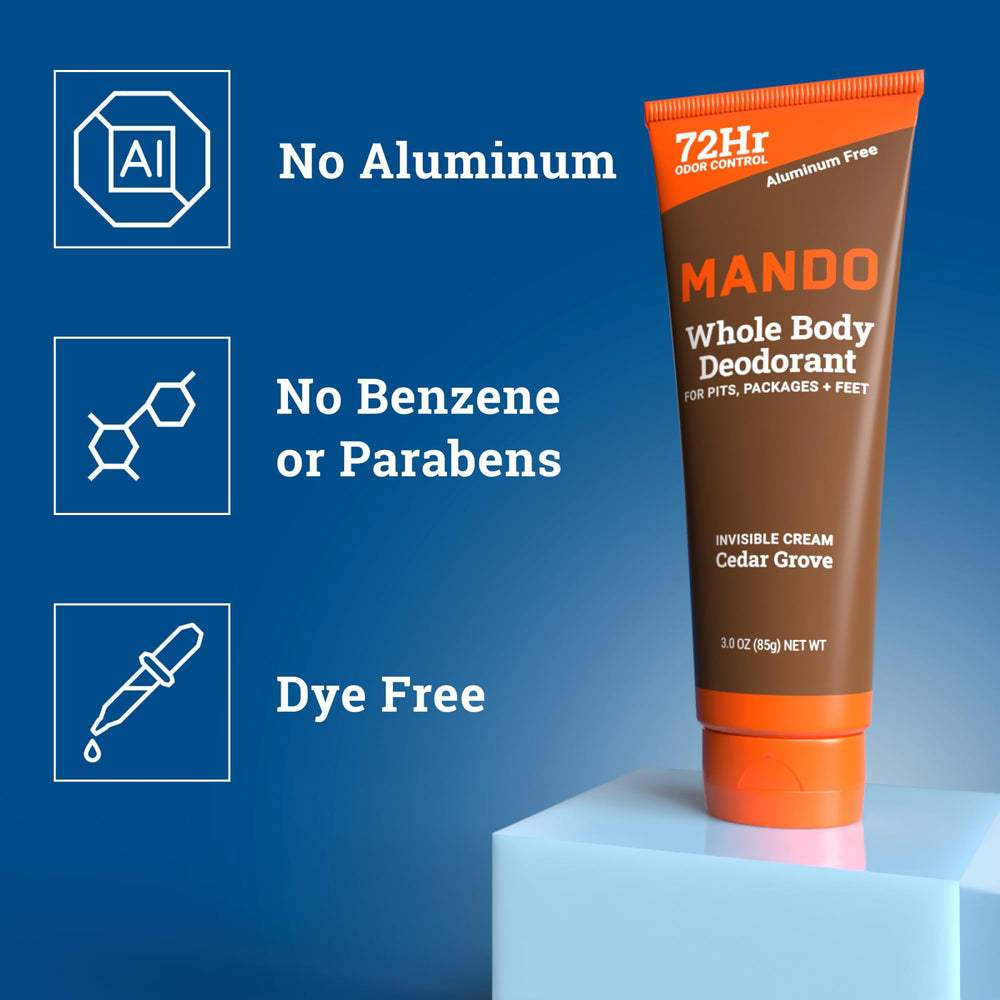 Mando odor control for pits, feet, and more.