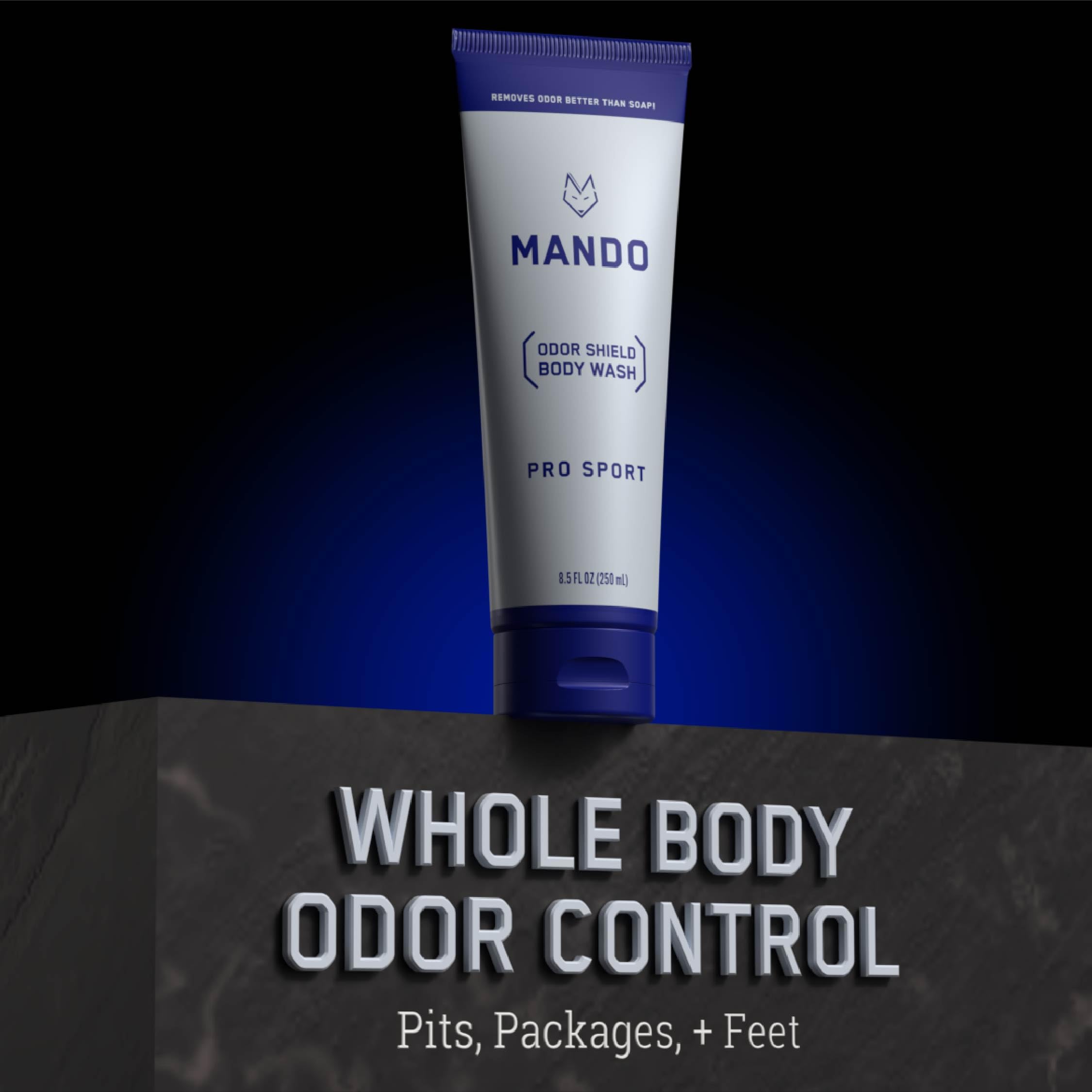 Mando Odor Shield Body Wash 24-hour control concept visual.