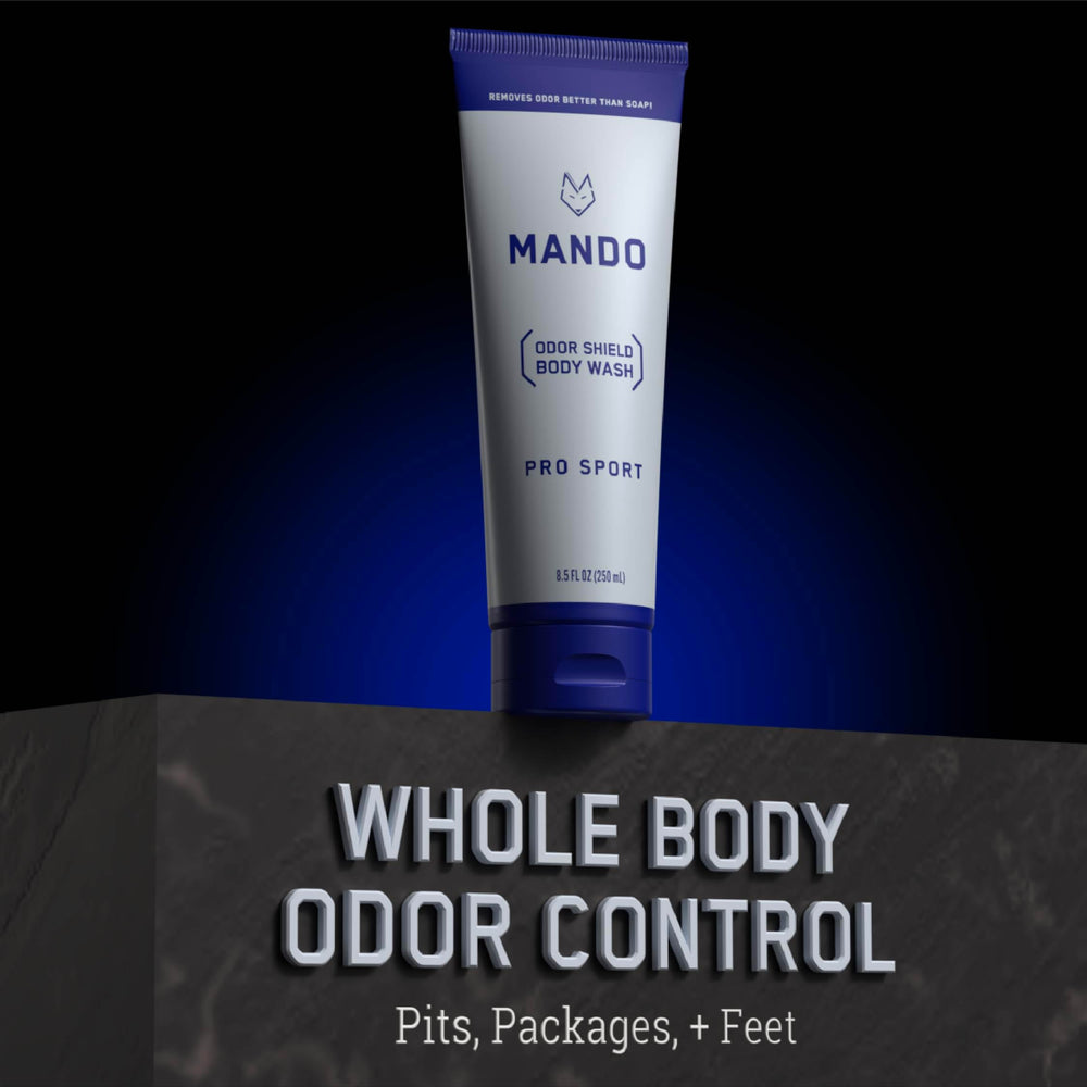 Mando Odor Shield Body Wash 24-hour control concept visual.