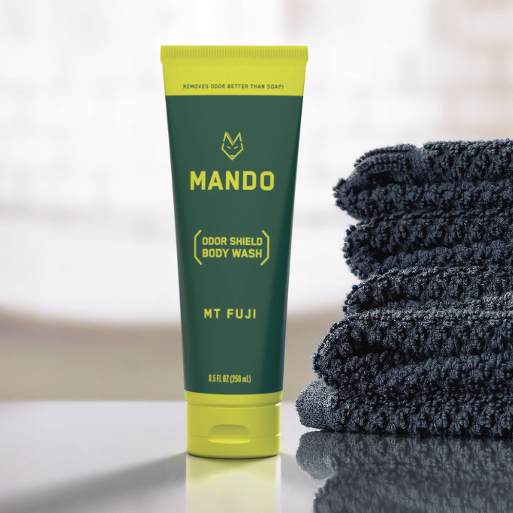 Mando Odor Shield Body Wash bottle front shows the 8.5 oz size.