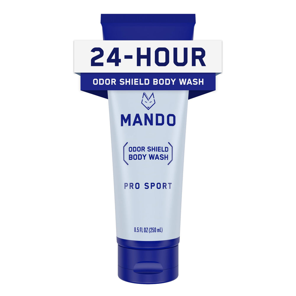 Mando Odor Shield Body Wash bottle front—clean design and skin-safe cleansing.