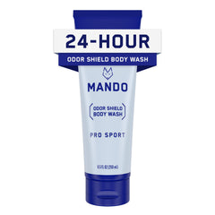Mando Odor Shield Body Wash bottle front—clean design and skin-safe cleansing.