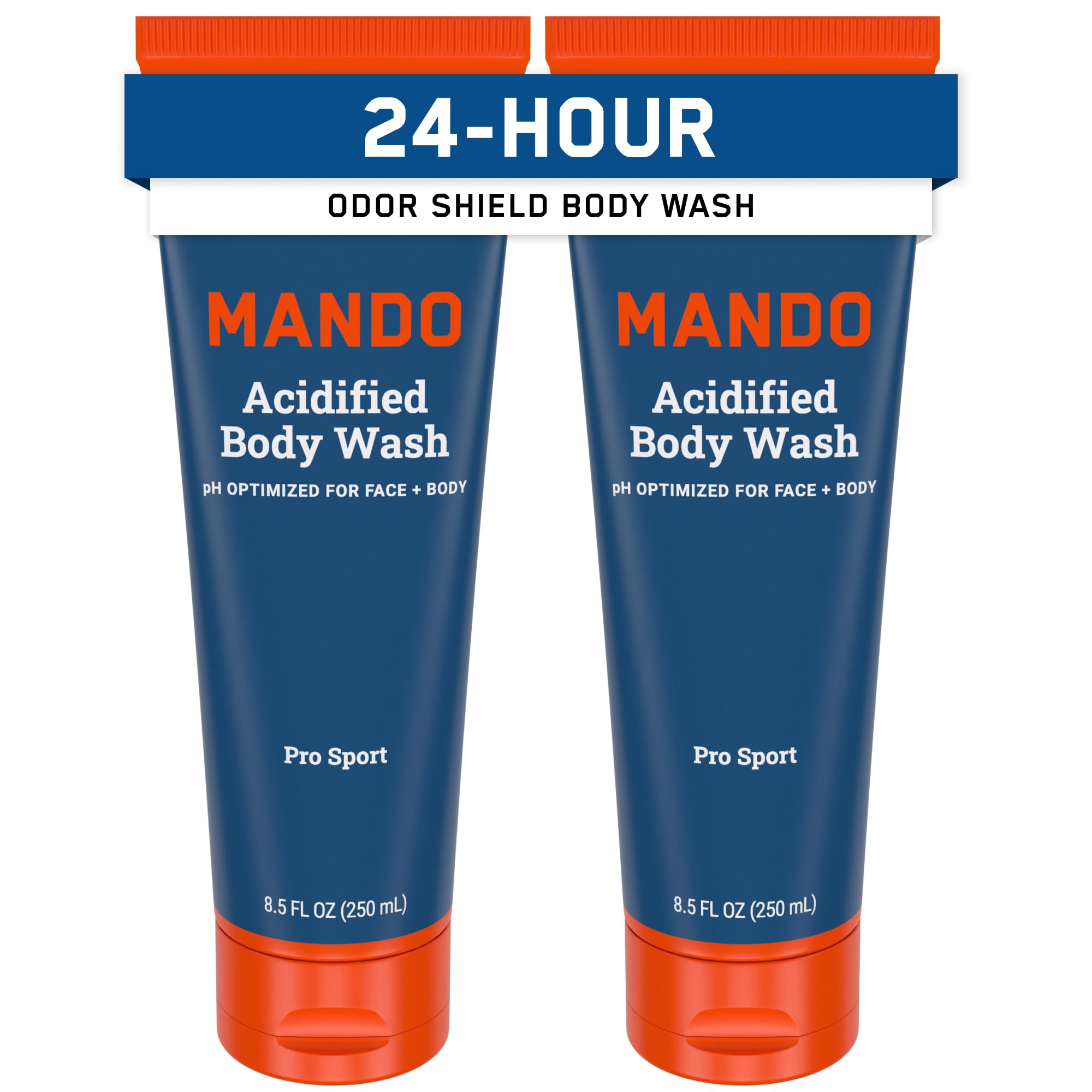 Mando Odor Shield Body Wash bottle front shows 2-pack value and odor control