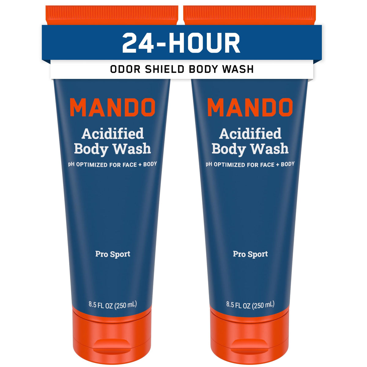 Mando Odor Shield Body Wash bottle front shows 2-pack value and odor control