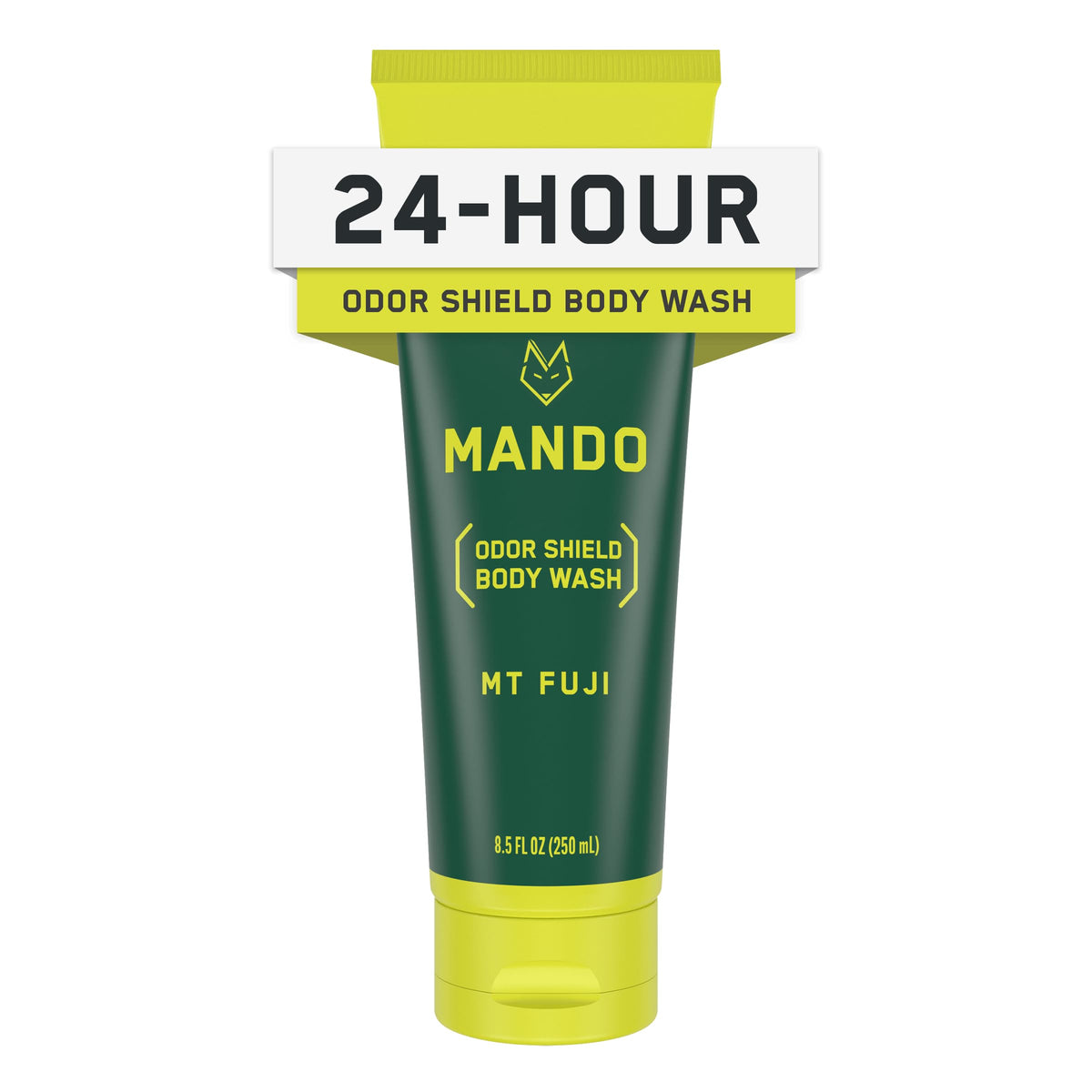Mando Odor Shield Body Wash bottle pour demonstrates 24-hour odor control in action.