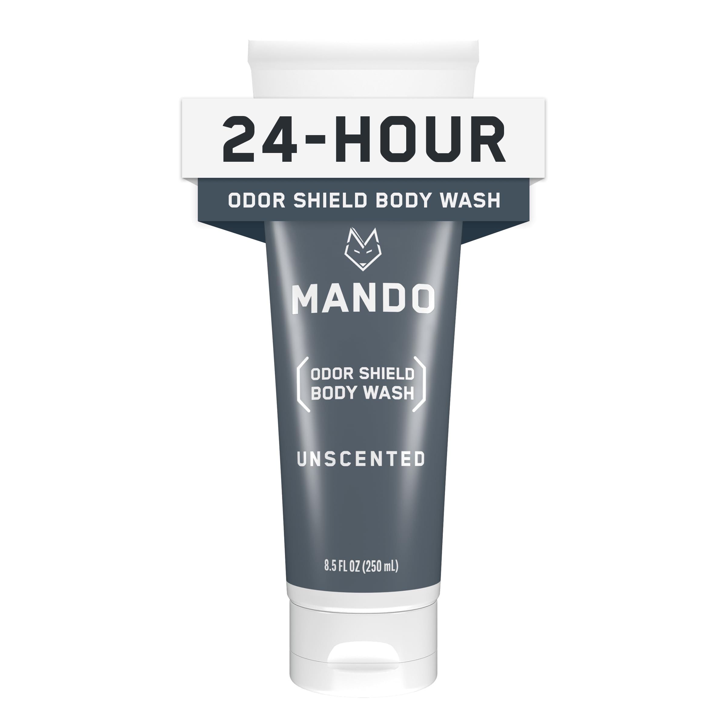 Mando Odor Shield Body Wash bottle shows unscented formula for 24 hour odor control