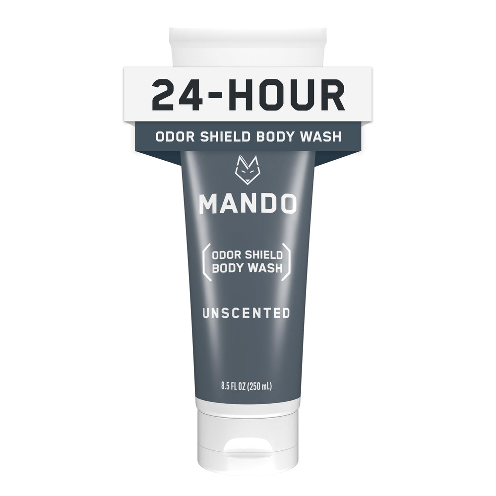 Mando Odor Shield Body Wash bottle shows unscented formula for 24 hour odor control