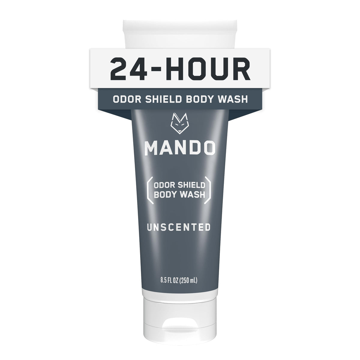 Mando Odor Shield Body Wash bottle shows unscented formula for 24 hour odor control