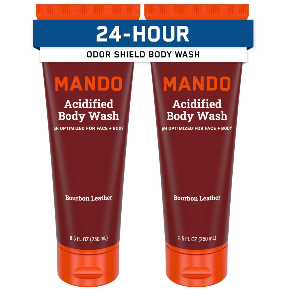 Mando Odor Shield Body Wash Bourbon Leather packaging highlights the 2-pack and 24-hour odor control