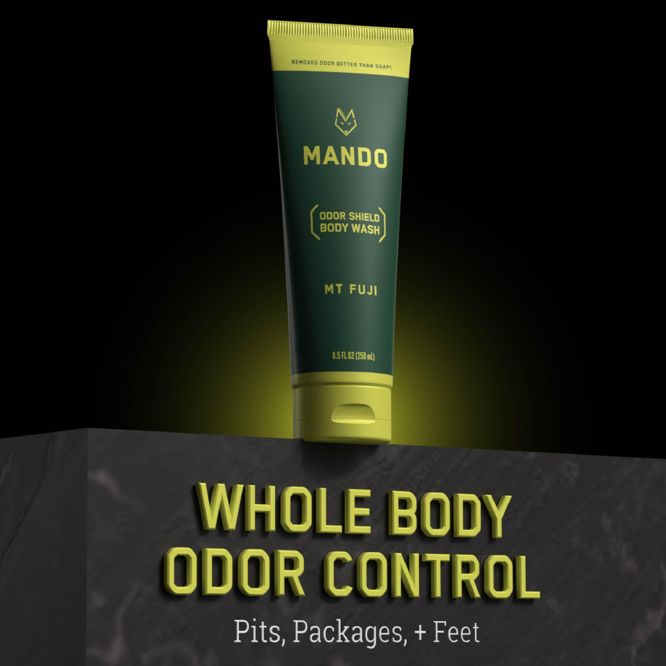 Mando Odor Shield Body Wash bundle pack suggests a complete odor control routine.