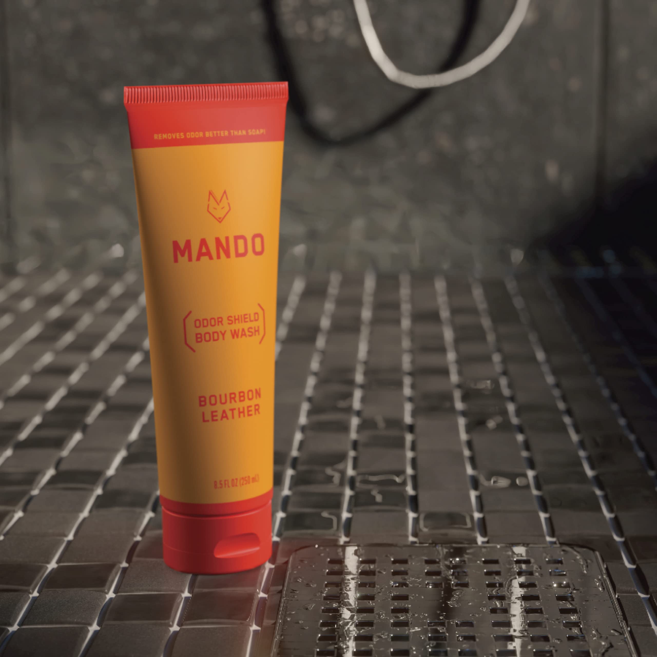 Mando Odor Shield label closeup emphasizes SLS/SLES-free formula.