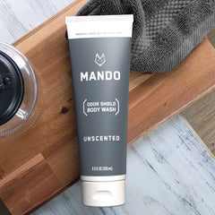 Mando Odor Shield Body Wash lather close-up highlights cleansing foam targeting odor-prone areas