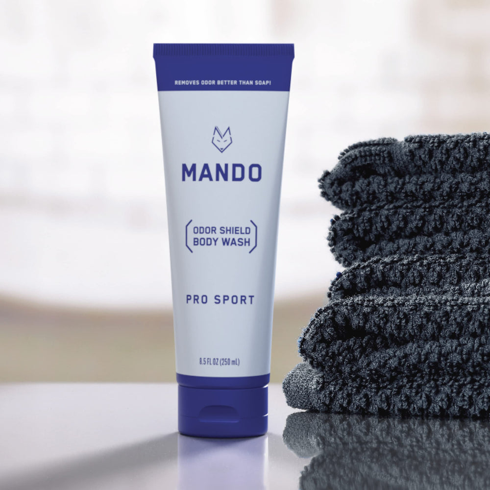 Mando Odor Shield Body Wash packaging box and tube.