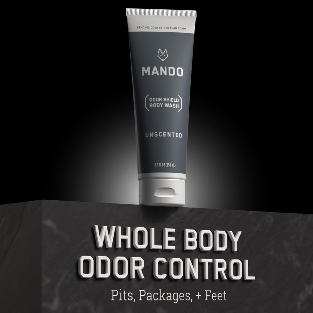 Mando Odor Shield Body Wash pump-dispense demonstrates easy application and consistent lather
